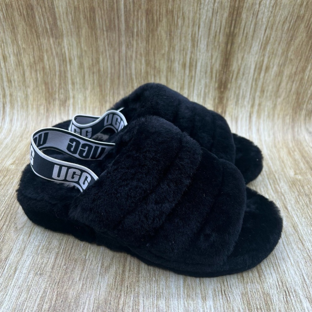 UGG Fluff Yeah Slide Women's Size 7 Black Shearling Slipper Slingback 1095119